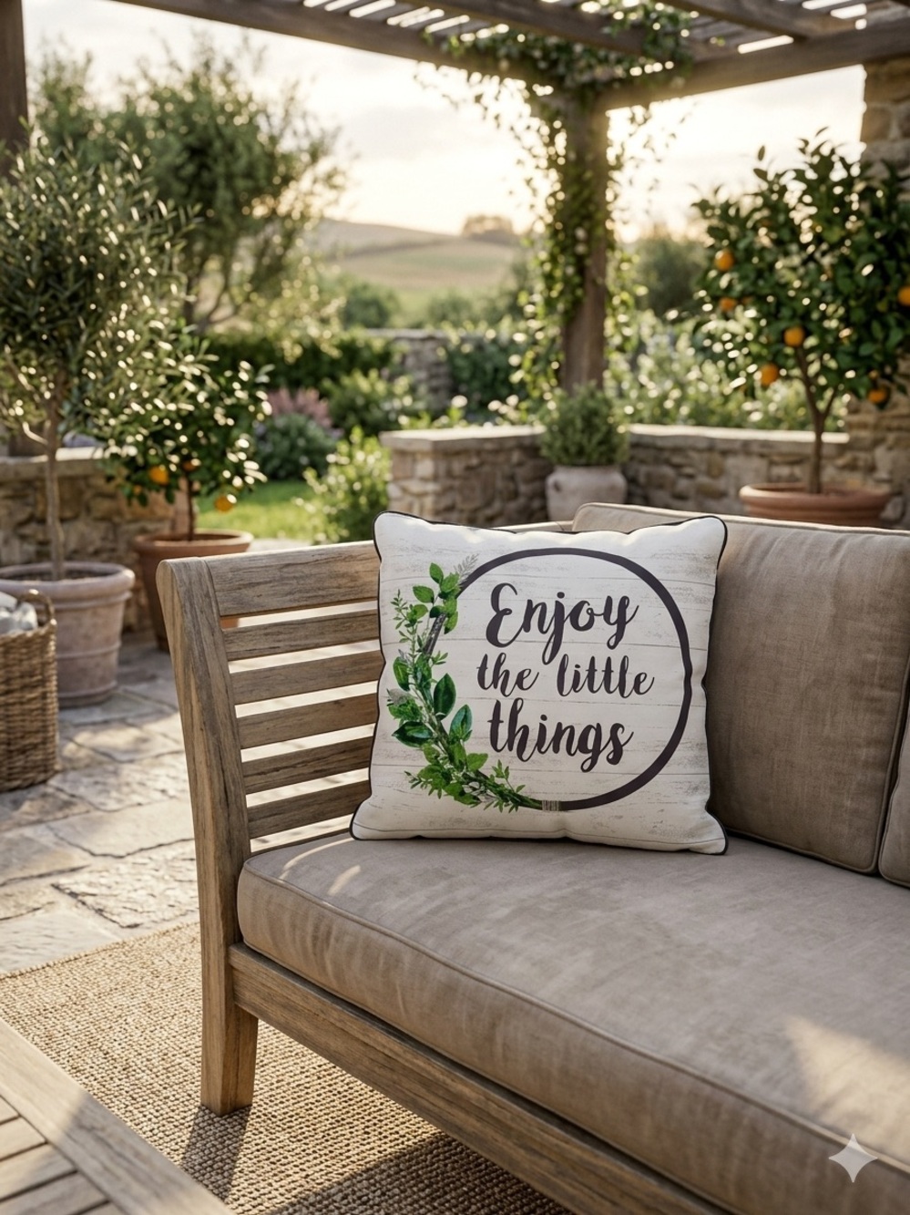 Outdoor throw Pillow cover 15x15 “ ENJOY THE LITTLE THINGS” fade resistant